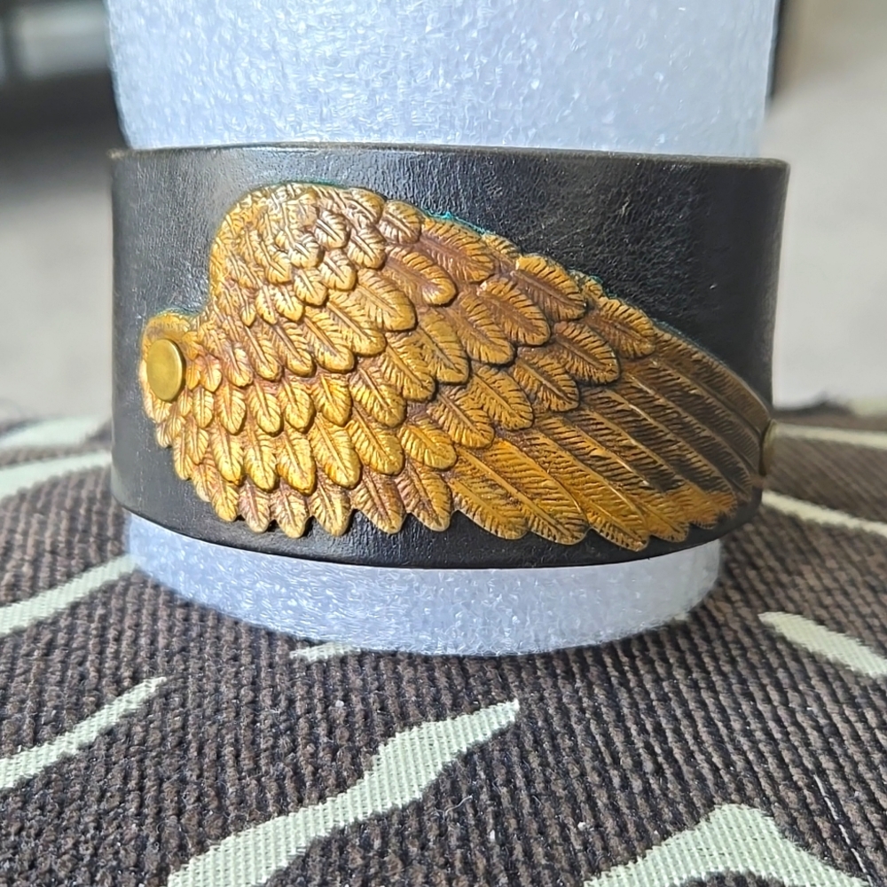 Leather Bracelet with Gold Wing Design